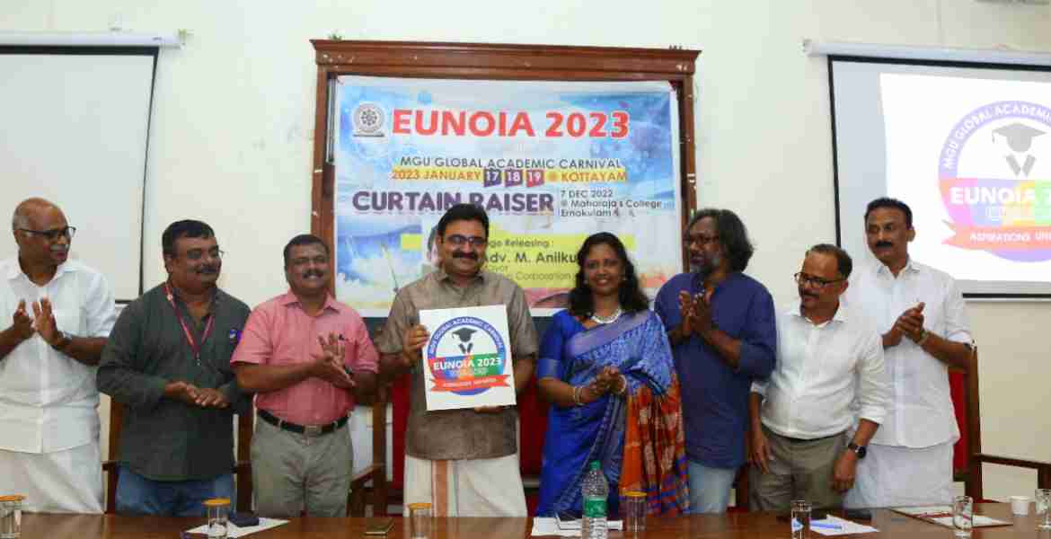 ജനുവരിയില്‍ കോട്ടയത്തു നടക്കുന്ന മഹാത്മാ ഗാന്ധി സര്‍വകലാശാലാ ഗ്ലോബല്‍ അക്കാദമിക് കാര്‍ണിവല്‍ -യുനോയ 2023ന്‍റെ ലോഗോ എറണാകുളം മഹാരാജാസ് കോളജില്‍ കൊച്ചി മേയര്‍ അഡ്വ. എം. അനില്‍കുമാര്‍ പ്രകാശനം ചെയ്യുന്നു ബാബു മൈക്കിള്‍, ഡോ. വി.എസ്. ജോയ്, പി. ഹരികൃഷ്ണന്‍, ഡോ. എസ്. ഷാജിലാ ബീവി, ഡോ. കെ.എം. സുധാകരന്‍, ഡോ. ബിജു തോമസ്, ഡോ. എ. ജോസ് എന്നിവര്‍ സമീപം.