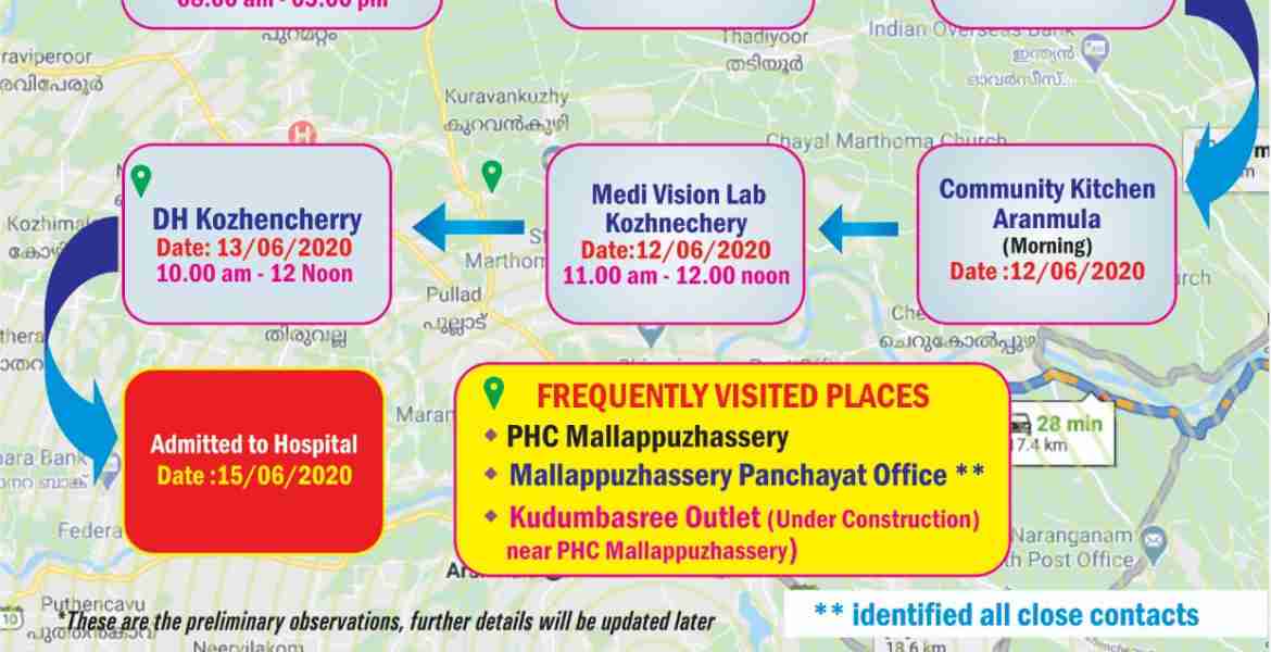 കോവിഡ് 19 രോഗം സ്ഥിരീകരിച്ച ആശ പ്രവര്‍ത്തകയും മല്ലപ്പുഴശേരി സ്വദേശിനിയുമായ 42 വയസുകാരിയുടെ സഞ്ചാരപാത