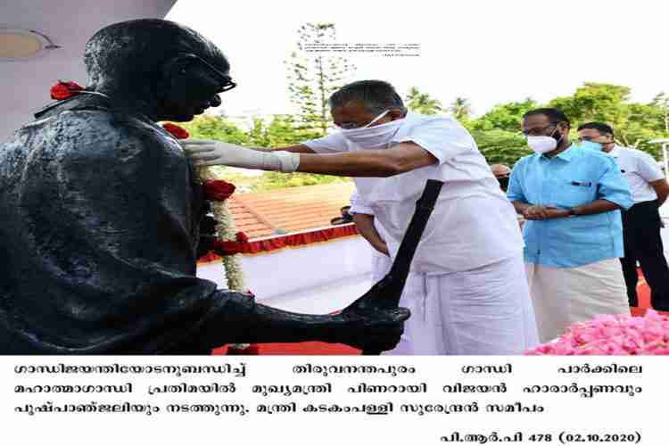 Floral tribute to Gandhi statue by Chief Minister Pinarayi Vijayan
